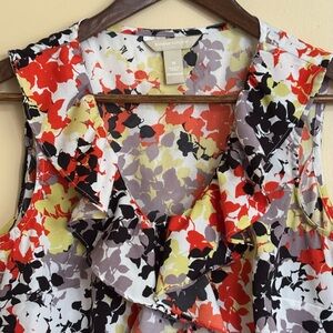 Banana Republic| Sharp Orange/Black/White Floral Ruffle Sleeveless Blouse Sz M